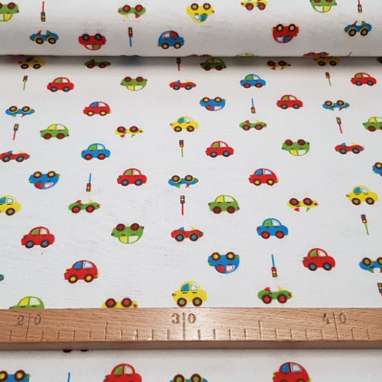 Flannel Cars fabric Flannel Cars fabric - Nice children's flannel fabric with colorful car drawings and traffic lights on white background.