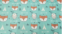 Tela Algodón Buhos y Zorros Tela Algodón Buhos y Zorros - Tela de algodón infantil de temática tiendas tipi, con dibujos de zorros, buhos, flechas, triángulos y tiendas tipi, sobre un fondo verde mar. La tela mide 150cm de ancho y su composición 100% algodón