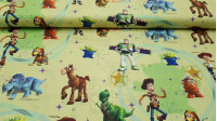 Tela Algodón Disney Toy Story Tela Algodón Disney Toy Story - Tela de algodón infantil Disney de Toy Story. Aparecen los personajes Woody, Buzz, Mr.Potato... sobre un fondo donde predominan los colores amarillo claro y verde. La tela mide 150cm de ancho y su composición 100% al