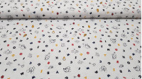 Cotton Disney Mickey Minnie Letters fabric Cotton Disney Mickey Minnie Letters fabric - Disney licensed cotton fabric with drawings of Mickey and Minnie in black and white silhouettes, with colored letters as background. The fabric is 150cm wide and its composition 100% cotton.