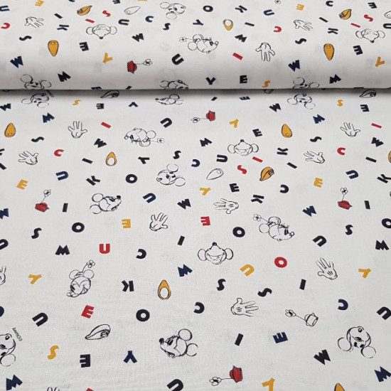 Cotton Disney Mickey Minnie Letters fabric Cotton Disney Mickey Minnie Letters fabric - Disney licensed cotton fabric with drawings of Mickey and Minnie in black and white silhouettes, with colored letters as background. The fabric is 150cm wide and its composition 100% cotton.