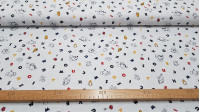 Cotton Disney Mickey Minnie Letters fabric Cotton Disney Mickey Minnie Letters fabric - Disney licensed cotton fabric with drawings of Mickey and Minnie in black and white silhouettes, with colored letters as background. The fabric is 150cm wide and its composition 100% cotton.
