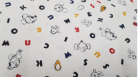 Cotton Disney Mickey Minnie Letters fabric Cotton Disney Mickey Minnie Letters fabric - Disney licensed cotton fabric with drawings of Mickey and Minnie in black and white silhouettes, with colored letters as background. The fabric is 150cm wide and its composition 100% cotton.