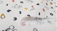 Cotton Disney Mickey Minnie Letters fabric Cotton Disney Mickey Minnie Letters fabric - Disney licensed cotton fabric with drawings of Mickey and Minnie in black and white silhouettes, with colored letters as background. The fabric is 150cm wide and its composition 100% cotton.