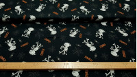 Cotton Halloween Mummies Spiders fabric Cotton Halloween Mummies Spiders fabric - Halloween-themed cotton fabric, with drawings of mummies, spiders and cobwebs on a black background. The fabric is 140cm wide and its composition 100% cotton.