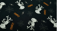 Cotton Halloween Mummies Spiders fabric Cotton Halloween Mummies Spiders fabric - Halloween-themed cotton fabric, with drawings of mummies, spiders and cobwebs on a black background. The fabric is 140cm wide and its composition 100% cotton.