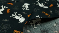 Cotton Halloween Mummies Spiders fabric Cotton Halloween Mummies Spiders fabric - Halloween-themed cotton fabric, with drawings of mummies, spiders and cobwebs on a black background. The fabric is 140cm wide and its composition 100% cotton.