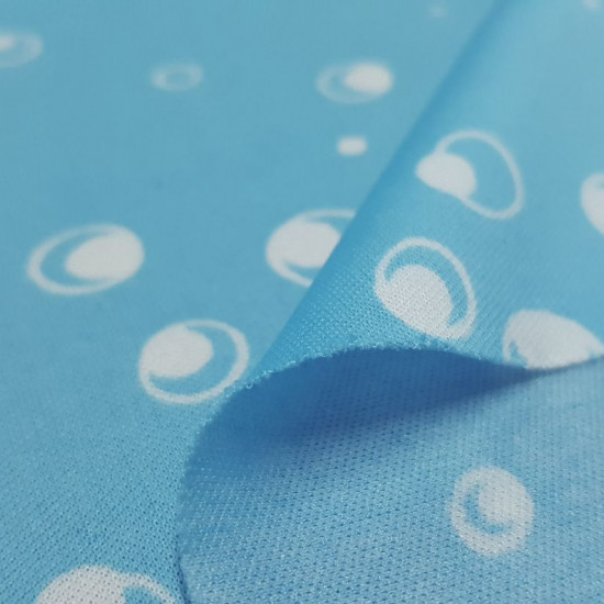 Tela OUTLET Punto Burbujas Tela OUTLET Punto Burbujas - Tejido de Punto de Seda Estampado con dibujos de burbujas o círculos blancos sobre fondo azul. Tela Outlet Liquidación Barata