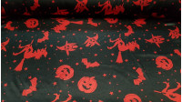 Tela Raso Halloween Tela Raso Halloween - Tejido de raso, brillante por una cara y con bastante caída. Estampado con dibujos de calabazas, brujas y murcielagos rojos sobre fondo negro. Ideal para fiestas de Halloween. La tela mide 150cm de ancho y su composi