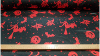 Tela Raso Halloween Tela Raso Halloween - Tejido de raso, brillante por una cara y con bastante caída. Estampado con dibujos de calabazas, brujas y murcielagos rojos sobre fondo negro. Ideal para fiestas de Halloween. La tela mide 150cm de ancho y su composi