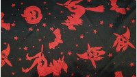 Tela Raso Halloween Tela Raso Halloween - Tejido de raso, brillante por una cara y con bastante caída. Estampado con dibujos de calabazas, brujas y murcielagos rojos sobre fondo negro. Ideal para fiestas de Halloween. La tela mide 150cm de ancho y su composi