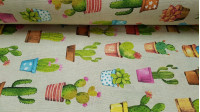 Tela Loneta Cactus Macetas Tela Loneta Cactus Macetas - Tela de loneta fuerte y resistente con dibujos de cactus diferentes en macetas variadas sobre un fondo beige. Para decoración o para confeccionar unos cojines quedará de fábula! La tela de loneta mide 280cm de ancho