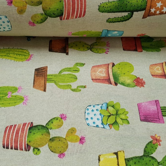 Tela Loneta Cactus Macetas Tela Loneta Cactus Macetas - Tela de loneta fuerte y resistente con dibujos de cactus diferentes en macetas variadas sobre un fondo beige. Para decoración o para confeccionar unos cojines quedará de fábula! La tela de loneta mide 280cm de ancho