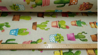Tela Loneta Cactus Macetas Tela Loneta Cactus Macetas - Tela de loneta fuerte y resistente con dibujos de cactus diferentes en macetas variadas sobre un fondo beige. Para decoración o para confeccionar unos cojines quedará de fábula! La tela de loneta mide 280cm de ancho