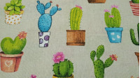 Tela Loneta Cactus Macetas Tela Loneta Cactus Macetas - Tela de loneta fuerte y resistente con dibujos de cactus diferentes en macetas variadas sobre un fondo beige. Para decoración o para confeccionar unos cojines quedará de fábula! La tela de loneta mide 280cm de ancho