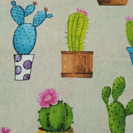 Tela Loneta Cactus Macetas Tela Loneta Cactus Macetas - Tela de loneta fuerte y resistente con dibujos de cactus diferentes en macetas variadas sobre un fondo beige. Para decoración o para confeccionar unos cojines quedará de fábula! La tela de loneta mide 280cm de ancho