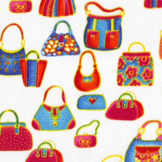 Tela Algodón Bolsos Compra Tela Algodón Bolsos Compra - Tela de algodón que incluye dibujos de bolsos de compra de colores sobre fondo blanco. Un tejido muy original para confeccionar un bolso o cualquier otra aplicación, incluido el patchwork.