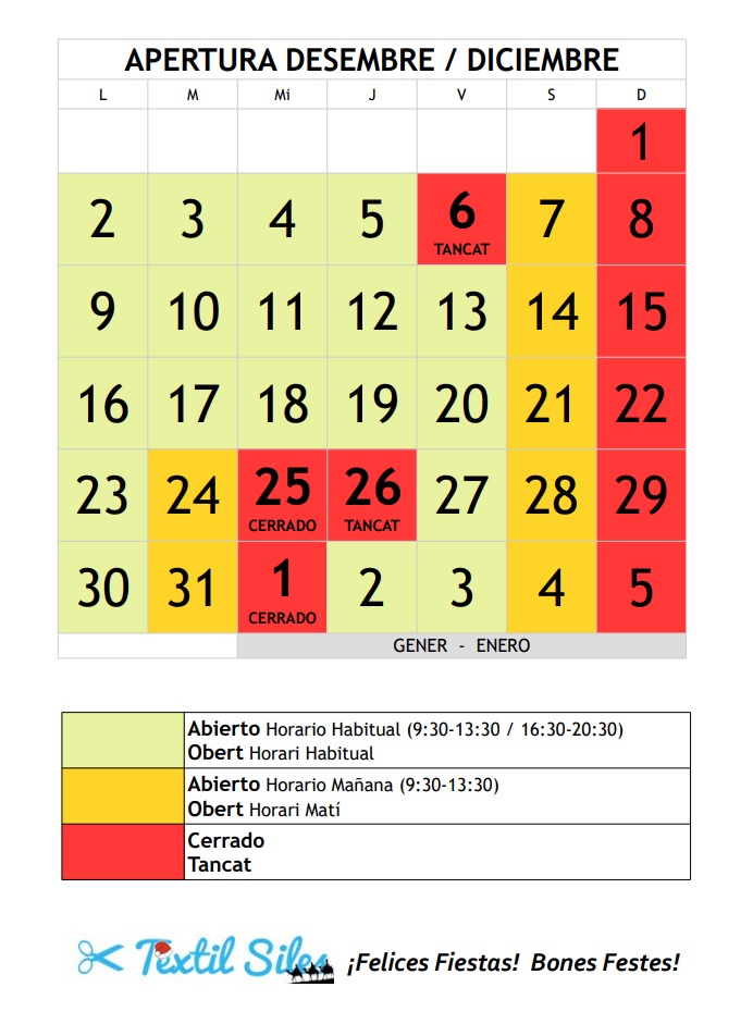 Christmas 2024 opening hours fabric store Textil Siles